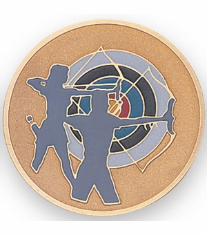 2-Inch in Diameter Round Etched-Enameled Metal Archery Themed Medallion Insert in Gold with Peel-and-Stick Back