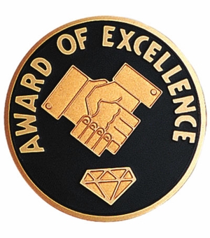 2-Inch in Diameter Round Etched-Enameled Metal 'Award of Excellence' Medallion Insert in Gold with Peel-and-Stick Back