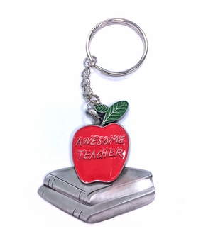 AWESOME TEACHER RED APPLE PEWTER KEY CHAIN
