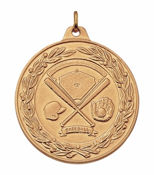 2 Inch Die-Struck Baseball Medal with Antique Finish in Gold or Silver