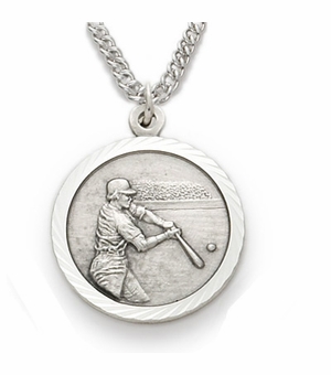 3/4 Inch Mens Baseball Themed St. Christopher Medal in Sterling Silver
