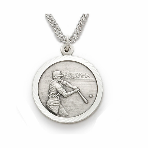 3/4 Inch Mens Baseball Themed St. Christopher Medal in Sterling Silver
