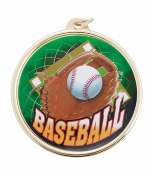 2-1/4 Inch in Diameter Round Mylar and Gold Baseball Themed Sports Medal with Customizable Back