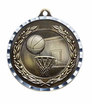 2 Inch Basketball Themed Brass Medal with Customizable Back in Gold, Silver, or Bronze