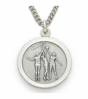 3/4 Inch Womens Basketball Themed St. Christopher Medal in Sterling Silver