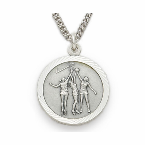3/4 Inch Womens Basketball Themed St. Christopher Medal in Sterling Silver