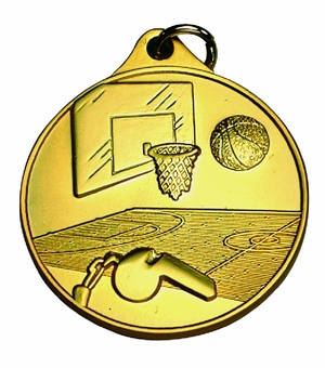 1-1/2 Inch Basketball Themed Sports Medal in Gold, Silver, or Bronze, with Customizable Back