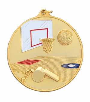 2-1/2 Inch Enameled Die-Cast Basketball Themed Medal in Gold, Silver, or Bronze