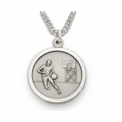 3/4 Inch Mens Basketball St. Christopher Medal in Sterling Silver