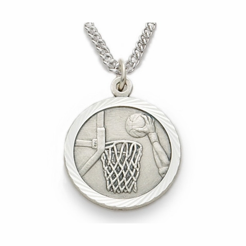 3/4 Inch Mens Basketball St. Christopher Medal in Sterling Silver