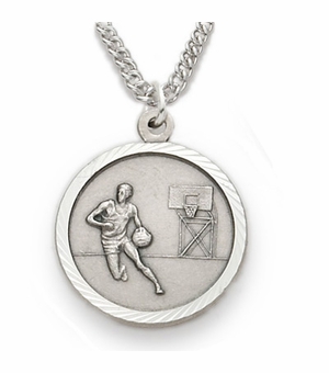 3/4 Inch Mens Basketball St. Christopher Medal in Sterling Silver