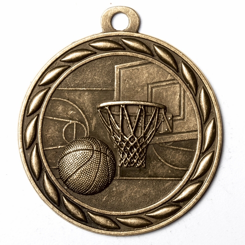Metal 2-Inch in Diameter Round Basketball Medal with Cutomizable Back in Multiple Colors