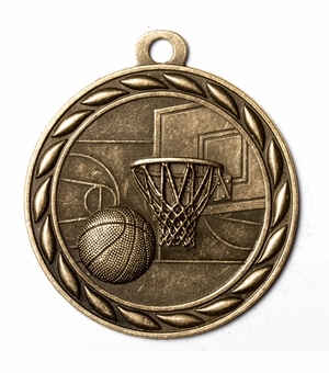 Metal 2-Inch in Diameter Round Basketball Medal with Cutomizable Back in Multiple Colors