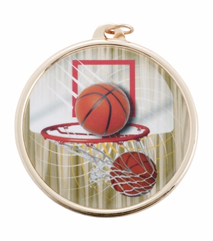 2-1/4 Inch in Diameter Round Multicolored Mylar Basketball Themed Gold Medal with Customizable Back