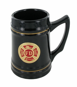 BLACK CERAMIC TANKARD WITH 2 INCH FIRE DEPARTMENT INSERT