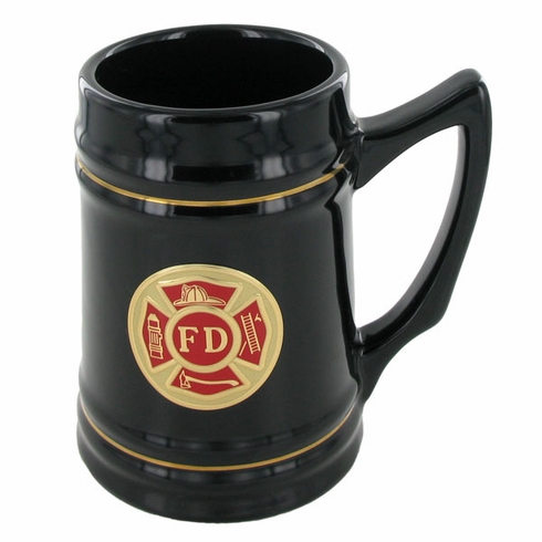 BLACK CERAMIC TANKARD WITH 2 INCH FIRE DEPARTMENT INSERT