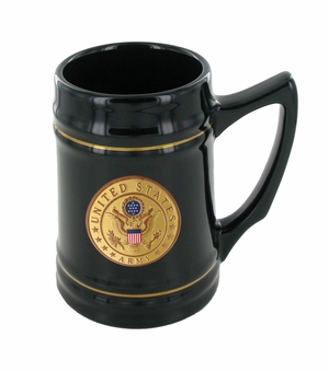 BLACK CERAMIC TANKARD WITH 2 INCH U.S. ARMY INSERT
