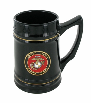 BLACK CERAMIC TANKARD WITH 2 INCH U.S. MARINE CORPS INSERT