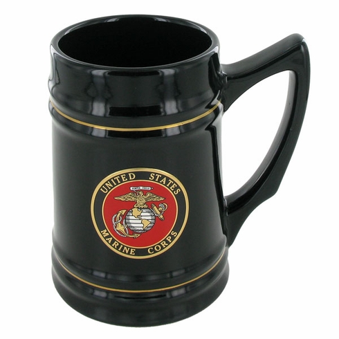 BLACK CERAMIC TANKARD WITH 2 INCH U.S. MARINE CORPS INSERT