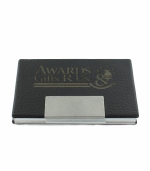 BLACK LEATHERETTE BUSINESS CARD CASE WITH SILVER ALUMINUM INSIDE