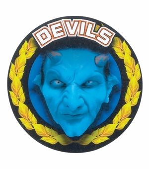 2 Inch in Diameter Round Blue 'Devils' Themed Gold and Mylar Sports Insert