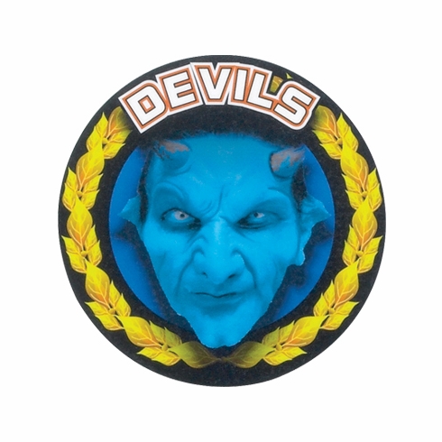 2 Inch in Diameter Round Blue 'Devils' Themed Gold and Mylar Sports Insert