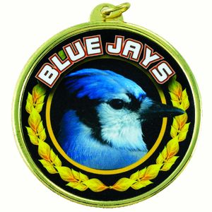 2-1/4 Inch in Diameter Round 'Blue Jays' Sports Medal with Customizable Backside in Gold and Mylar