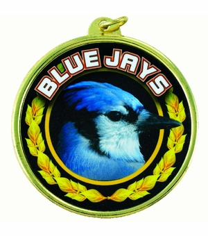 2-1/4 Inch in Diameter Round 'Blue Jays' Sports Medal with Customizable Backside in Gold and Mylar