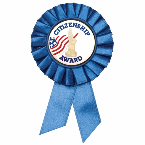 BLUE ROSETTE AWARD RIBBON WITH 2 INCH CITIZEN AWARD MYLAR INSERT