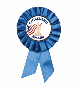 BLUE ROSETTE AWARD RIBBON WITH 2 INCH CITIZEN AWARD MYLAR INSERT