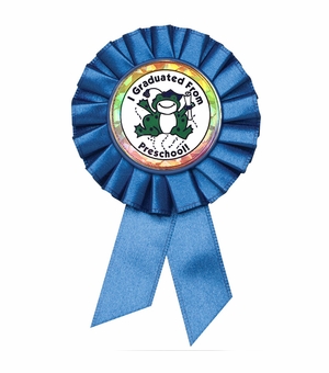 BLUE ROSETTE AWARD RIBBON WITH 2 INCH I GRADUATED FROM PRESCHOOL MYLAR INSERT