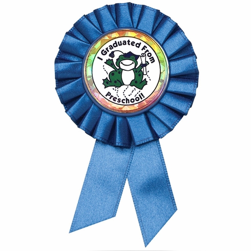 BLUE ROSETTE AWARD RIBBON WITH 2 INCH I GRADUATED FROM PRESCHOOL MYLAR INSERT