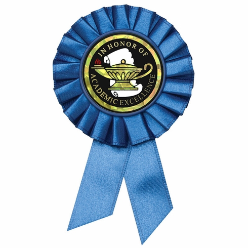 BLUE ROSETTE AWARD RIBBON WITH 2 INCH IN HONOR OF ACADEMIC EXCELLENCE MYLAR INSERT