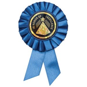 BLUE ROSETTE AWARD RIBBON WITH 2 INCH IN HONOR OF EXCELLENCE MYLAR INSERT
