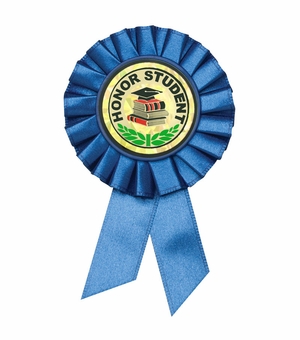 BLUE ROSETTE AWARD RIBBON WITH 2 INCH IN HONOR OUTSTANDING VOLUNTEER AWARD MYLAR INSERT