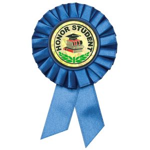 BLUE ROSETTE AWARD RIBBON WITH 2 INCH IN HONOR OUTSTANDING VOLUNTEER AWARD MYLAR INSERT
