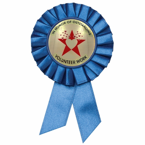 BLUE ROSETTE AWARD RIBBON WITH 2 INCH IN HONOR OUTSTANDING VOLUNTEER AWARD MYLAR INSERT