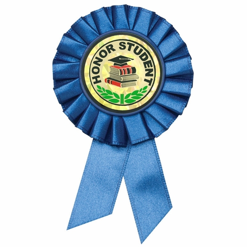 BLUE ROSETTE AWARD RIBBON WITH 2 INCH IN HONOR OUTSTANDING VOLUNTEER AWARD MYLAR INSERT
