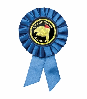 BLUE ROSETTE AWARD RIBBON WITH 2 INCH LEADERSHIP AWARD MYLAR INSERT