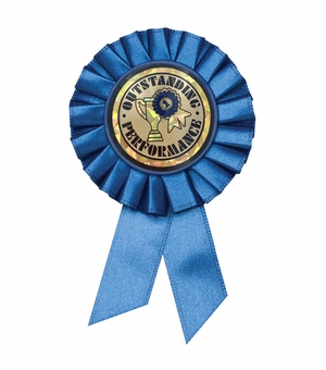 BLUE ROSETTE AWARD RIBBON WITH 2 INCH OUTSTANDING PERFORMANCE MYLAR INSERT