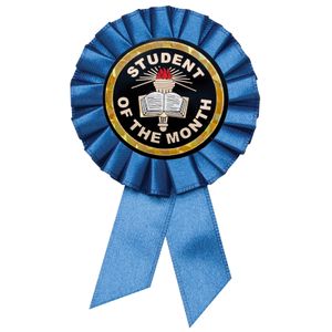 BLUE ROSETTE AWARD RIBBON WITH 2 INCH STUDENT OF THE MONTH MYLAR INSERT