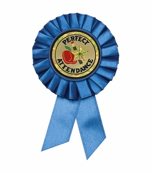 BLUE ROSETTE AWARD RIBBON WITH 2 INCH PERFECT ATTENDANCE MYLAR INSERT