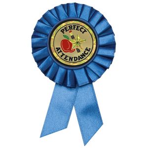 BLUE ROSETTE AWARD RIBBON WITH 2 INCH PERFECT ATTENDANCE MYLAR INSERT