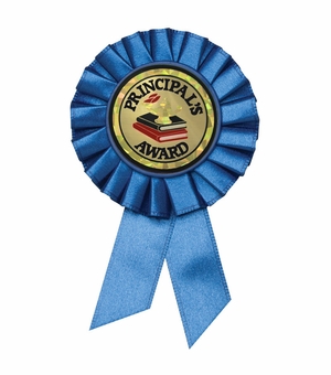 BLUE ROSETTE AWARD RIBBON WITH 2 INCH PRINCIPLES AWARD MYLAR INSERT