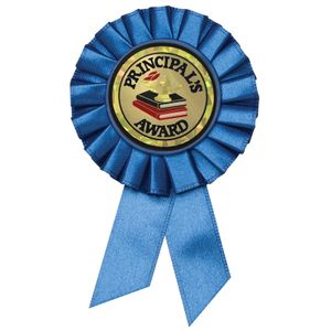 BLUE ROSETTE AWARD RIBBON WITH 2 INCH PRINCIPLES AWARD MYLAR INSERT
