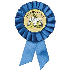 BLUE ROSETTE AWARD RIBBON WITH 2 INCH READING AWARD MYLAR INSERT