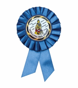 BLUE ROSETTE AWARD RIBBON WITH 2 INCH SPELLING BEE AWARD MYLAR INSERT