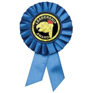 BLUE ROSETTE AWARD RIBBON WITH 2 INCH LEADERSHIP AWARD MYLAR INSERT