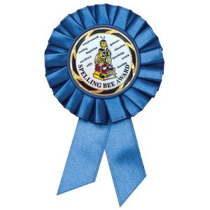 BLUE ROSETTE AWARD RIBBON WITH 2 INCH SPELLING BEE AWARD MYLAR INSERT