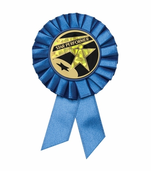 BLUE ROSETTE AWARD RIBBON WITH 2 INCH STAR PERFORMER AWARD MYLAR INSERT